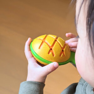 おもちゃのサブスクから届いたパイナップルマラカス で遊ぶ1歳児